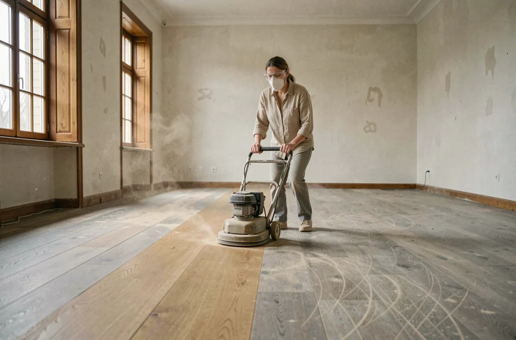 Femme ponçant un parquet en bois avec une ponceuse à bande professionnelle lors d'une rénovation