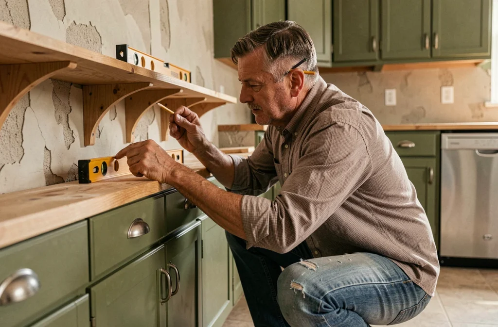 Homme installant des étagères en bois ouvertes dans une cuisine ancienne rénovée avec des meubles repeints en vert olive