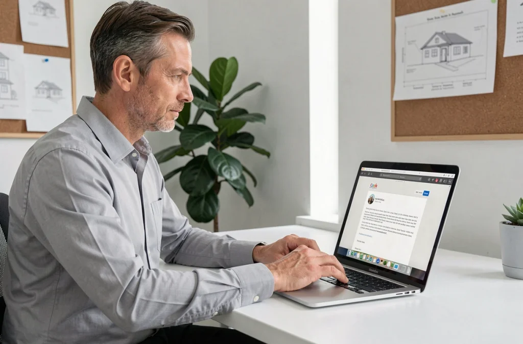Homme envoyant une offre d'achat immobilier par email depuis un bureau moderne avec un ordinateur portable