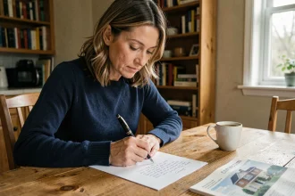 Femme rédigeant une proposition d'achat immobilier manuscrite à une table en bois avec un stylo plume