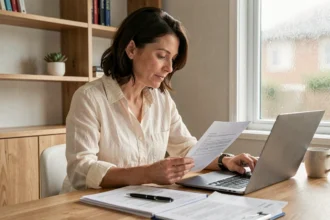 Propriétaire immobilier femme révisant un contrat de location sur son bureau à domicile avec ordinateur portable