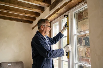 Artisan mesurant l'encadrement d'une fenêtre à double vitrage lors d'un chantier de remplacement de fenêtres pour améliorer le confort thermique