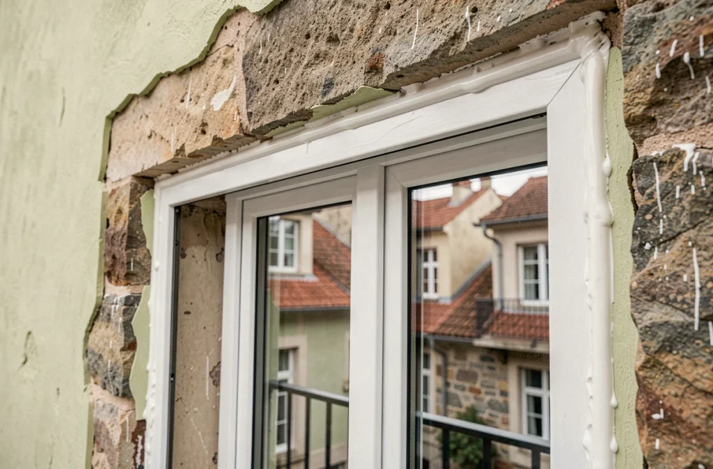 Détail d'une fenêtre double vitrage récemment posée dans le mur en pierre épaisse d'un appartement ancien