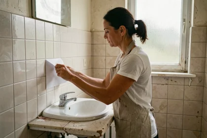 Femme posant des carreaux adhésifs blancs sur un mur de salle de bain pour une rénovation à petit budget