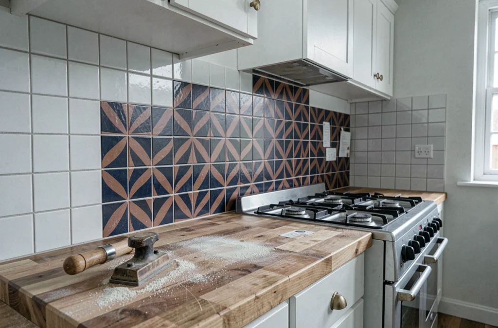 Carrelage de cuisine en cours de rénovation avec remplacement partiel par des carreaux de ciment artisanaux, crédence et plan de travail en bois