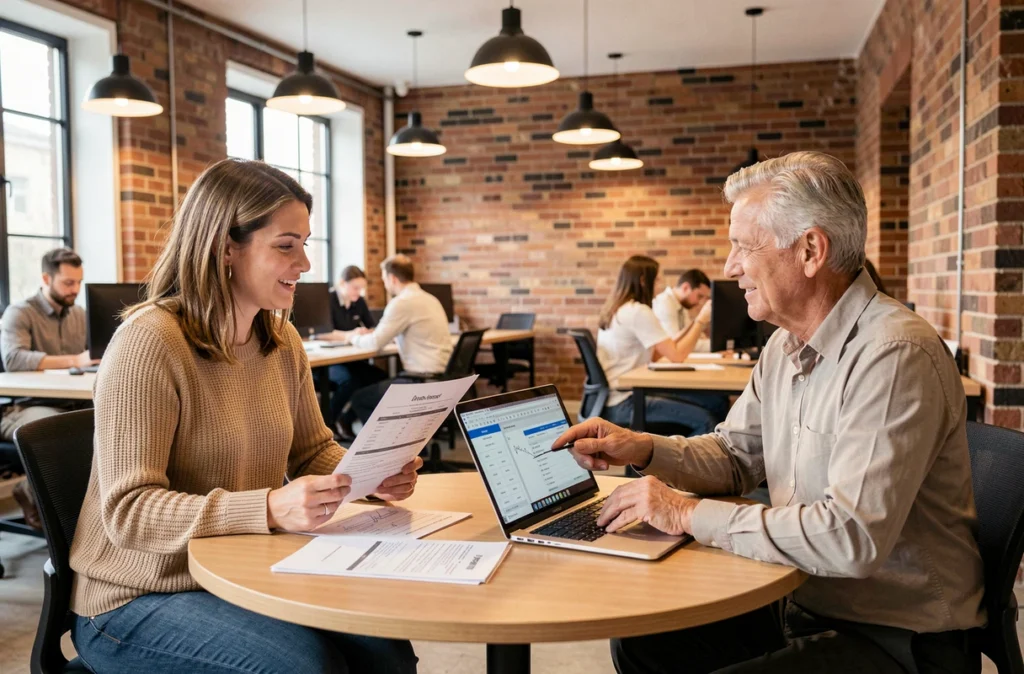 Réunion entre propriétaires discutant des tarifs de location et des contrats dans un espace de coworking