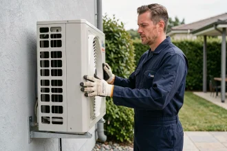 Technicien inspectant une pompe à chaleur air-air installée en rénovation sur la façade extérieure d'une maison individuelle