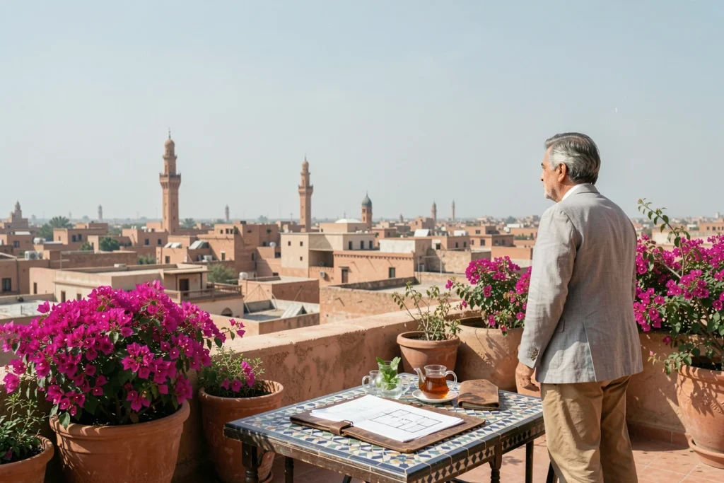 Terrasse d'un riad à vendre à Marrakech avec vue panoramique sur la médina et bougainvilliers en fleurs