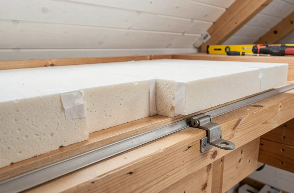 Gros plan sur une trappe de grenier isolée avec des panneaux de polystyrène rigide et un joint d'étanchéité dans une maison suisse rénovée