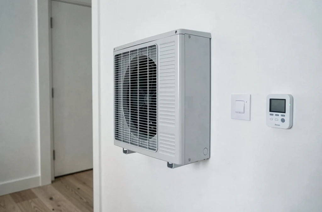 Unité intérieure de pompe à chaleur installée dans un couloir rénové avec parquet chêne clair et thermostat mural