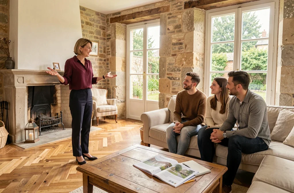 Visite immobilière d'une maison rénovée à Beauvais avec agent et acheteurs primo-accédants