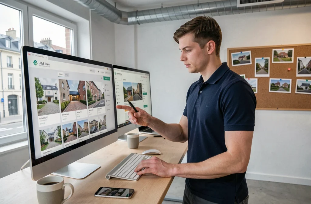 Professionnel de 123 Net Immo travaillant sur des annonces immobilières en ligne dans un bureau moderne