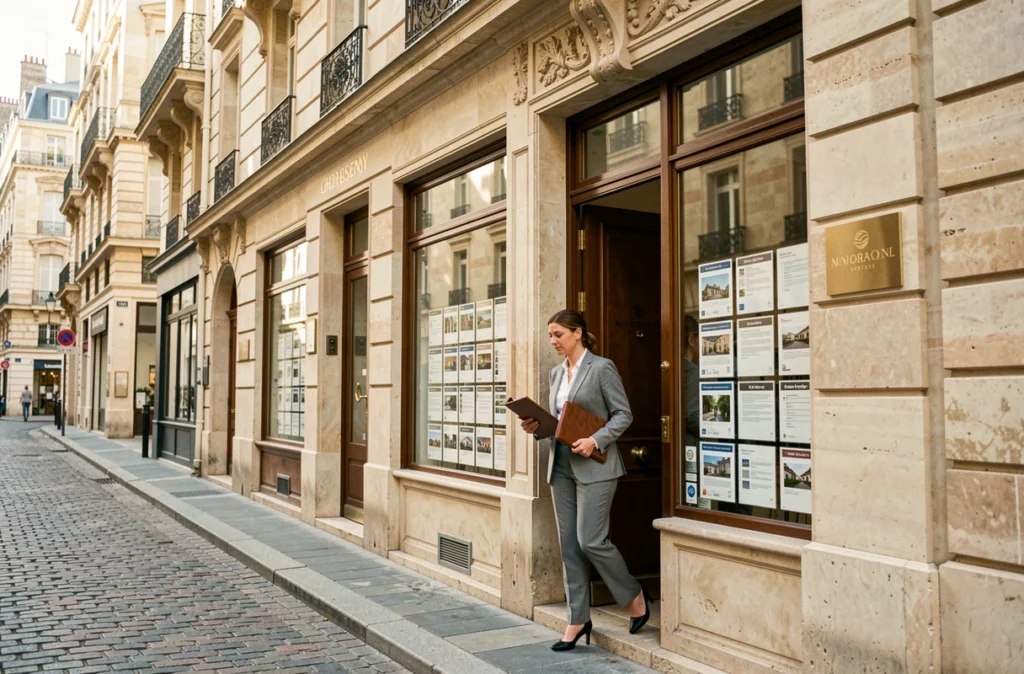 Façade d'une agence immobilière de centre-ville à Montpellier avec une agente professionnelle sortant de l'entrée, illustrant l'Agence du Courreau