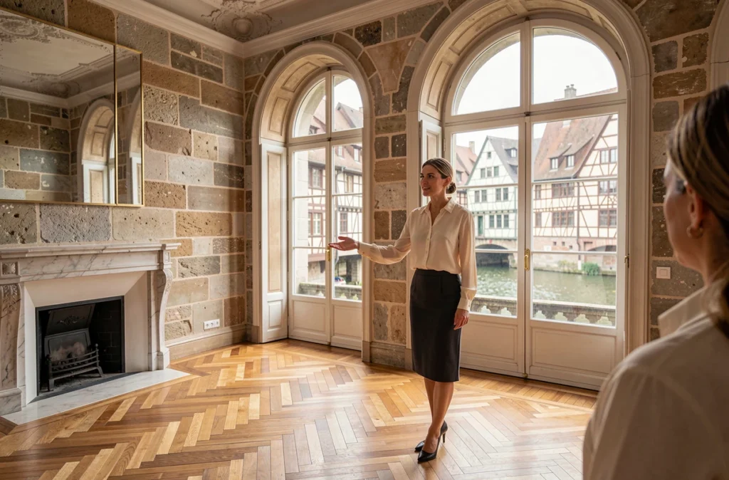 Agente de l'Agence Grisolle Strasbourg lors d'une visite dans un appartement rénové du quartier Petite France