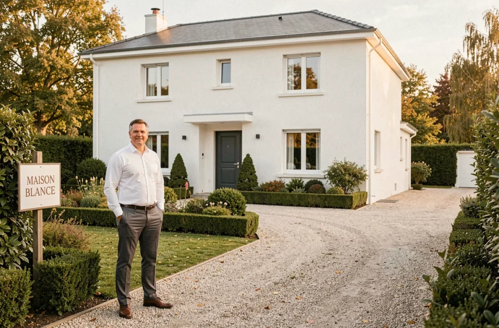 Agent de l'agence Maison Blanche devant une maison blanche contemporaine avec jardin soigné en Maine-et-Loire