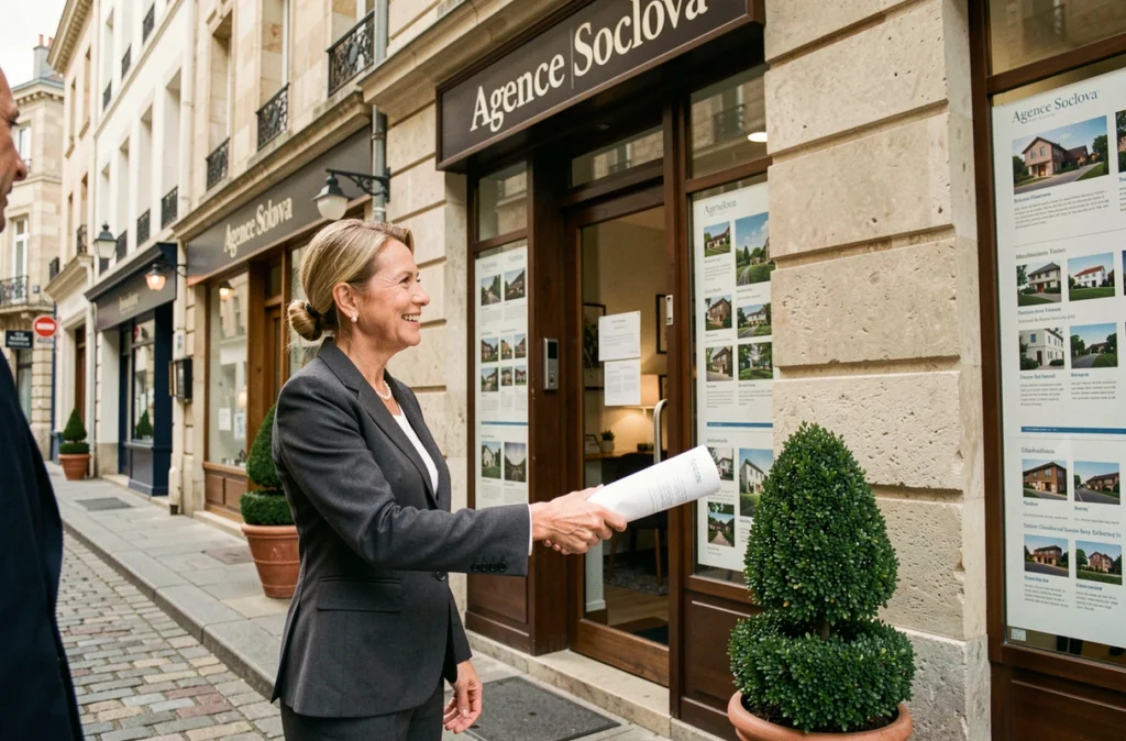 Agente de l'Agence Soclova accueillant un client devant la vitrine de l'agence sur une rue commerçante française