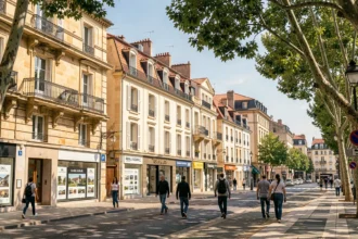 Vue large d'une rue commerçante de Montpellier avec des vitrines d'agences immobilières et des immeubles typiques du sud de la France