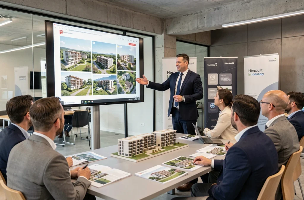 Promoteur immobilier présentant un projet de résidence neuve à des acheteurs potentiels dans l'Hérault, illustrant AJ Promotion Immobilière