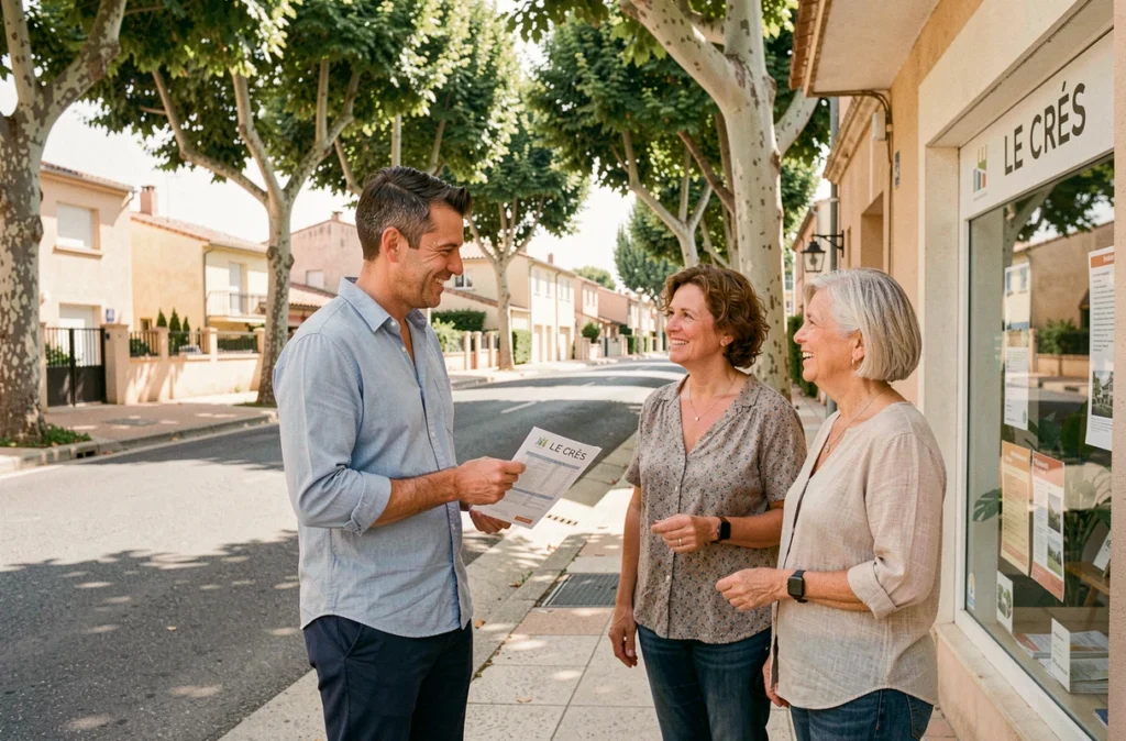 Agent immobilier en discussion avec des clients devant une agence de proximité à Le Crès, représentant Avenue Immobilier Montpellier