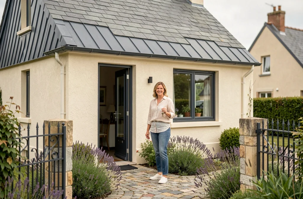Maison moderne avec toit en zinc et ardoise et façade crème, une propriétaire souriante tenant ses clés à l'entrée d'un jardin fleuri