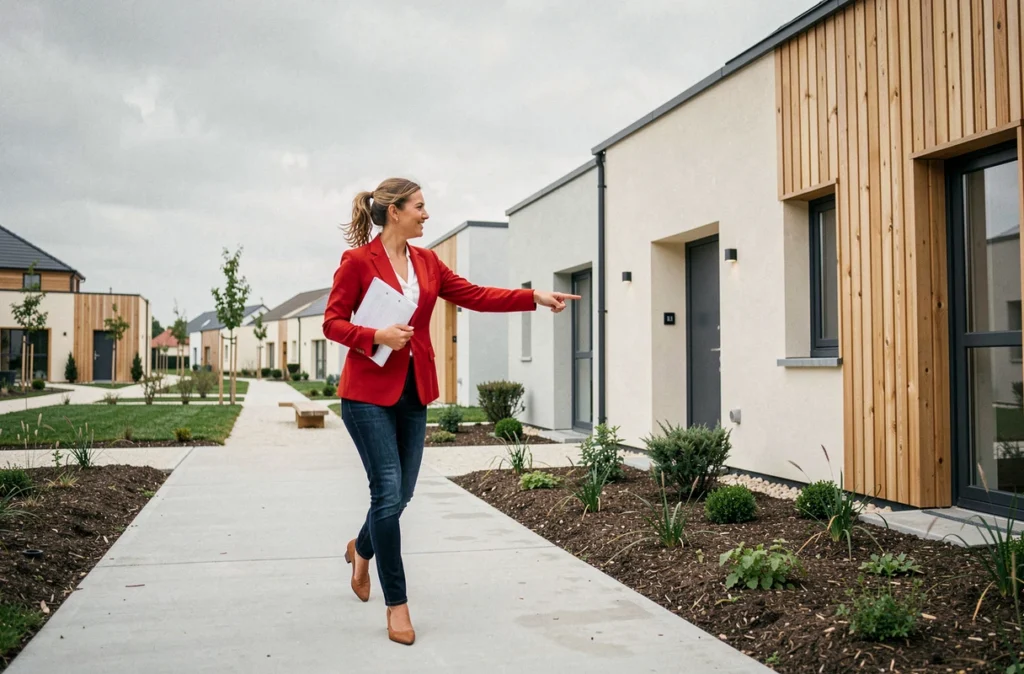 Agente d'AXO L'immobilier Actif en déplacement sur un programme neuf en Maine-et-Loire, symbolisant le dynamisme de l'agence