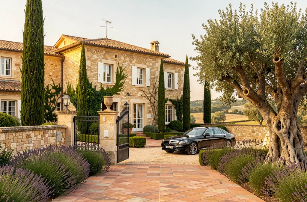 Entrée d'une propriété de prestige en pierres dans la campagne héraultaise représentant Belles Demeures immobilier de luxe