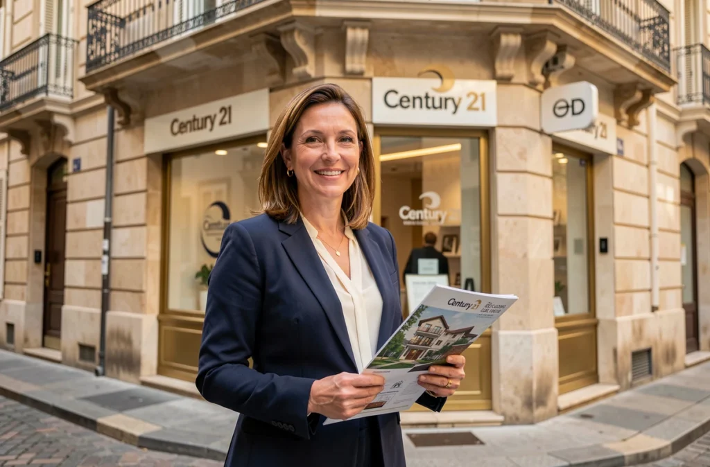 Agent immobilière devant la devanture d'une agence Century 21 Granié Immobilier à Montpellier