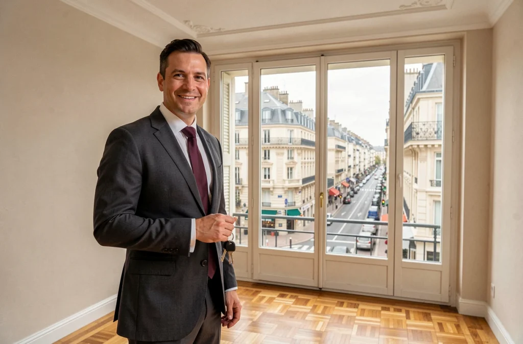 Agent de Citya Angers dans un appartement haussmannien avec vue sur le centre-ville d'Angers