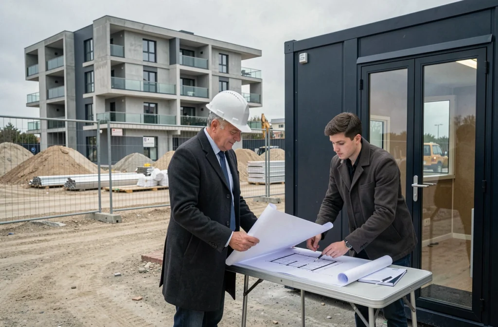 Directeur de projet immobilier consultant des plans devant un chantier de construction à Montpellier, représentant COGIM Construc Gestion Immob