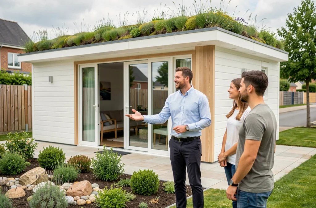 Maison de plain-pied avec toit végétalisé et façade bois composite, un conseiller en habitat présentant le projet à un couple dans le jardin paysager