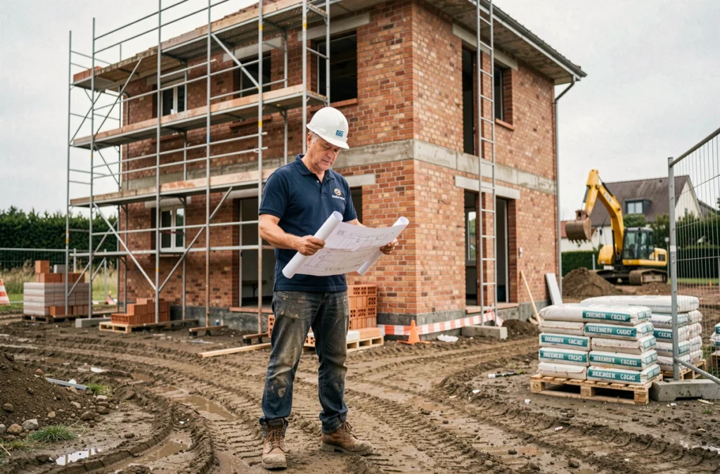Chantier de construction d'une maison en brique rouge à Rennes, un chef de chantier en casque et polo analysant des plans techniques sur le site