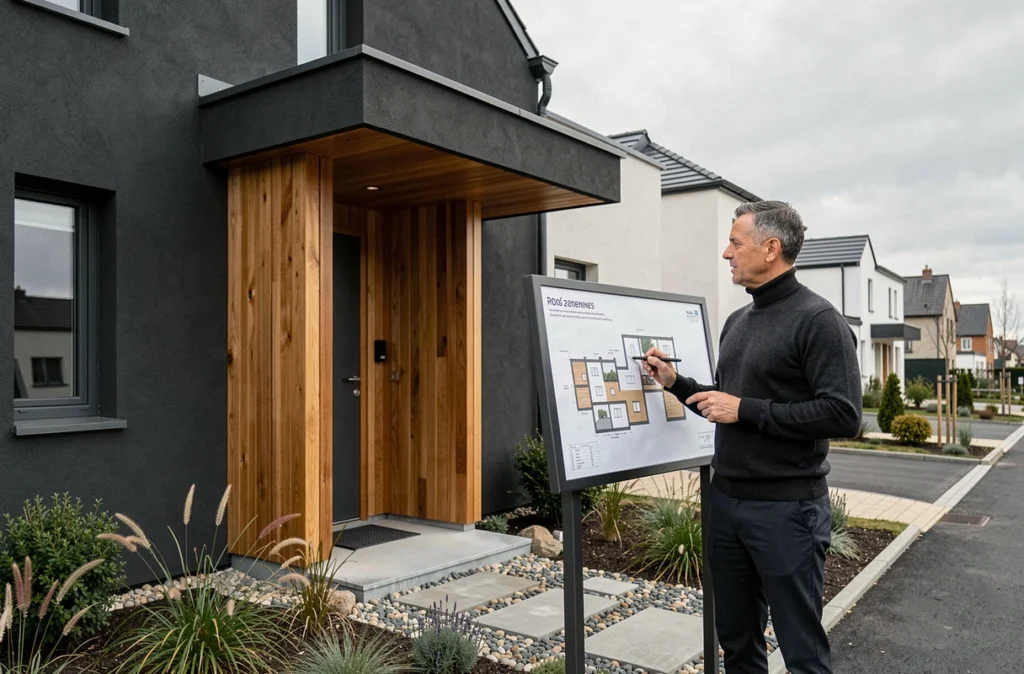 Maison contemporaine avec façade enduit charbon et panneaux bois chauds, un designer présentant des plans architecturaux devant l'entrée dans un lotissement moderne