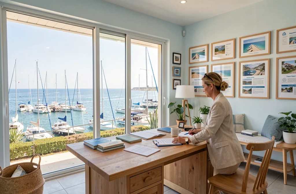 Intérieur d'agence immobilière en bord de mer au Cap d'Agde avec vue sur la marina, illustrant Foncia Transaction Cap d'Agde Sergents