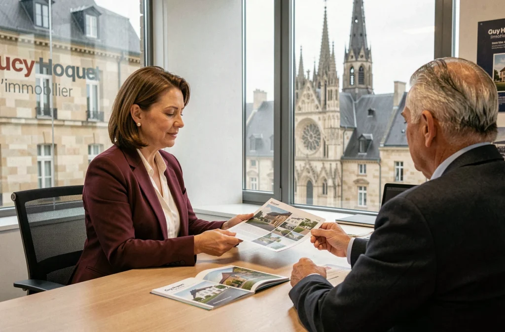 Agente de Guy Hoquet l'Immobilier Metz présentant des brochures immobilières à un couple dans un bureau professionnel
