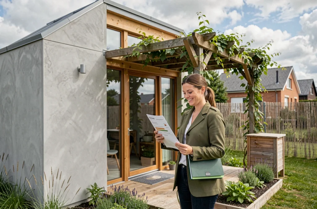 Maison écologique à ossature bois avec bardage gris et grande façade vitrée, une consultante en bâtiment durable examinant un certificat de performance énergétique sur la terrasse