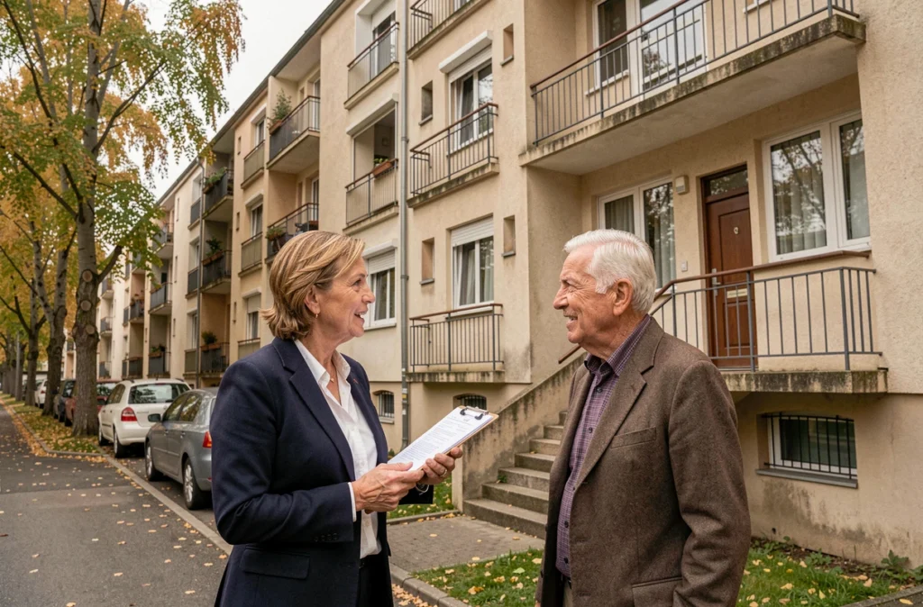 Gestionnaire d'Immo de France Est devant un immeuble résidentiel, en échange avec un locataire
