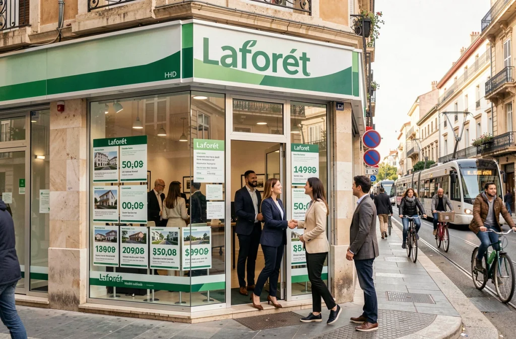 Devanture d'une agence Laforêt franchisée sur une rue commerçante de Montpellier avec des agents accueillant des clients