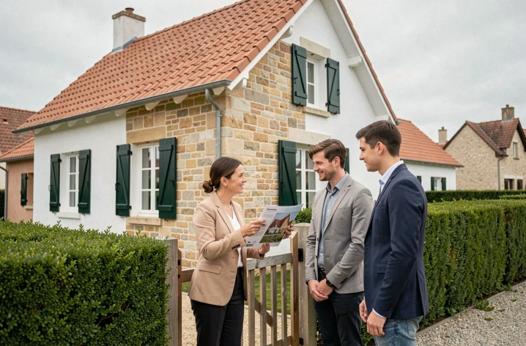 Maison individuelle de style breton avec façade en pierre et enduit blanc, une conseillère commerciale présentant un projet à un jeune couple devant l'entrée
