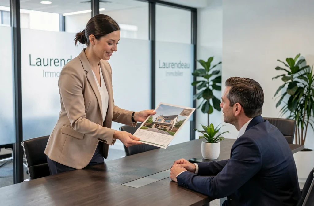 Agente de Laurendeau Immobilier présentant des documents immobiliers à des clients dans un bureau moderne à Angers