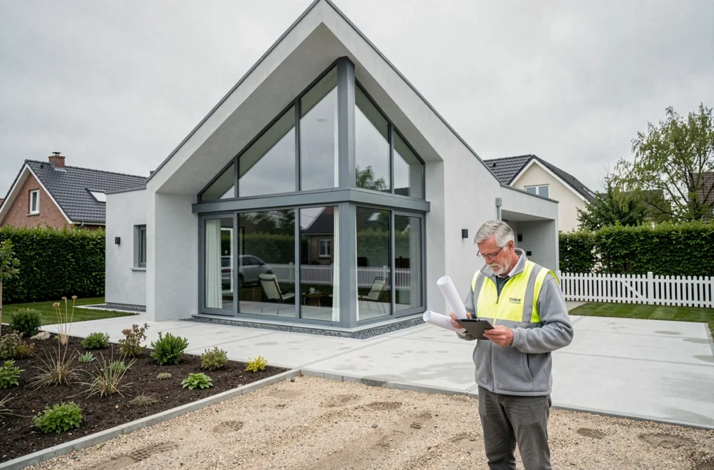 Maison contemporaine à toiture géométrique et grandes baies vitrées, un chef de projet en gilet haute visibilité consultant une tablette devant l'allée en béton