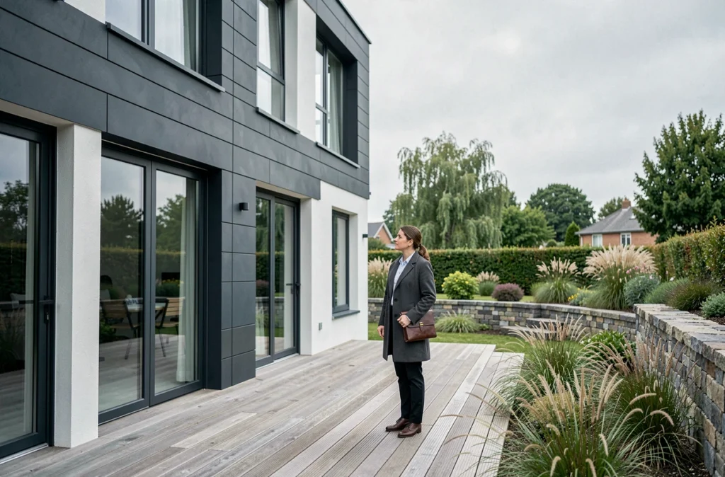 Maison élégante à double façade bardage gris et enduit blanc avec terrasse en bois, une architecte debout contemplant le bâtiment dans un jardin paysager