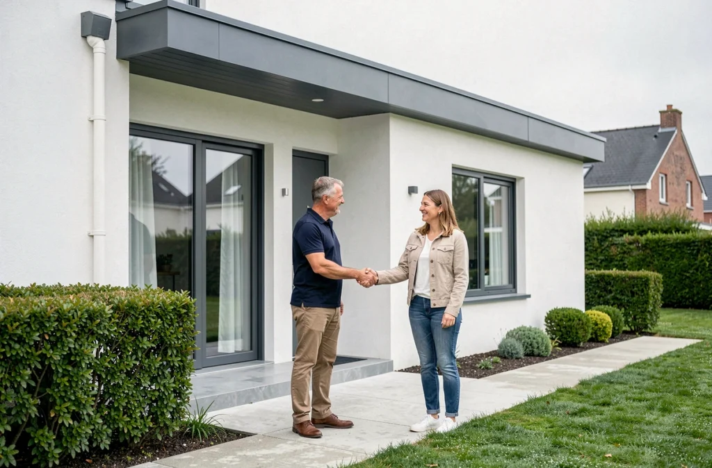 Maison individuelle MTB aux lignes contemporaines avec façade blanche et toiture anthracite, un constructeur accueillant des propriétaires devant l'entrée