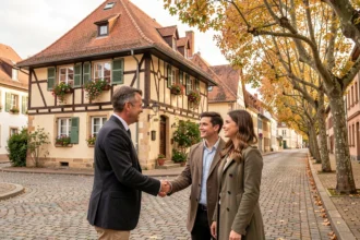 Agent immobilier professionnel serrant la main d'un couple devant une maison à colombages alsacienne dans le Grand Est