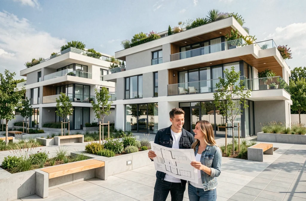 Couple devant une résidence neuve dans l'Hérault, illustrant la spécialité de Montpellier IMMO9 dans l'immobilier neuf