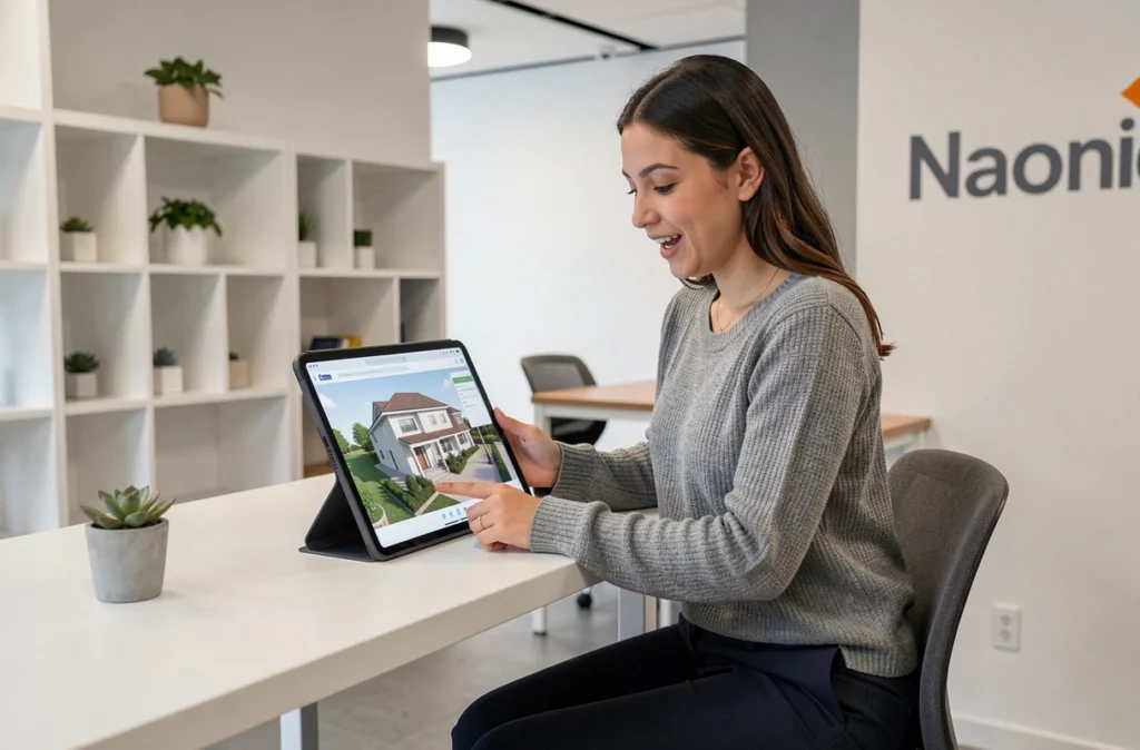 Agente de Naonid utilisant un outil numérique innovant dans un espace de travail moderne, symbolisant l'approche digitale de l'agence