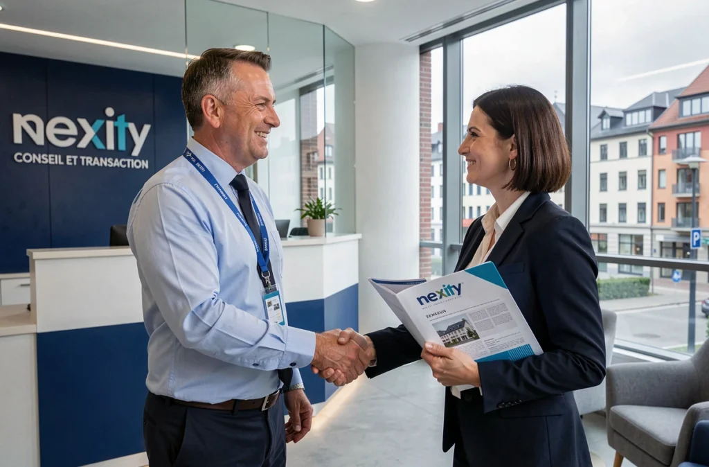 Consultant de Nexity Conseil et Transaction Strasbourg accueillant une cliente dans le hall de l'agence