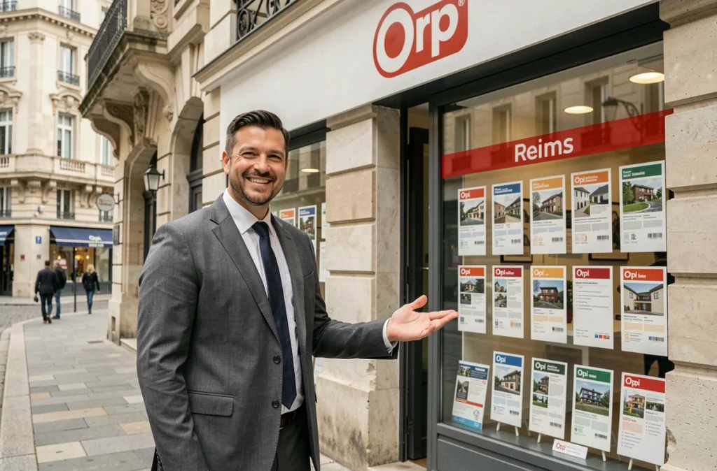 Agent immobilier Orpi Reims devant la vitrine de l'agence sur une rue commerçante du centre-ville