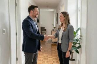 Propriétaire et locataire se serrant la main dans le couloir d'un appartement moderne, symbolisant une relation de confiance et de fidélisation locative