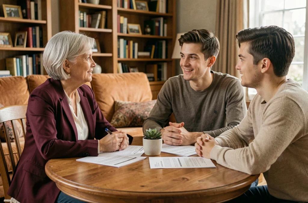 Propriétaire discutant avec un couple de locataires autour d'un contrat de location, illustrant la fidélisation par une communication transparente et bienveillante