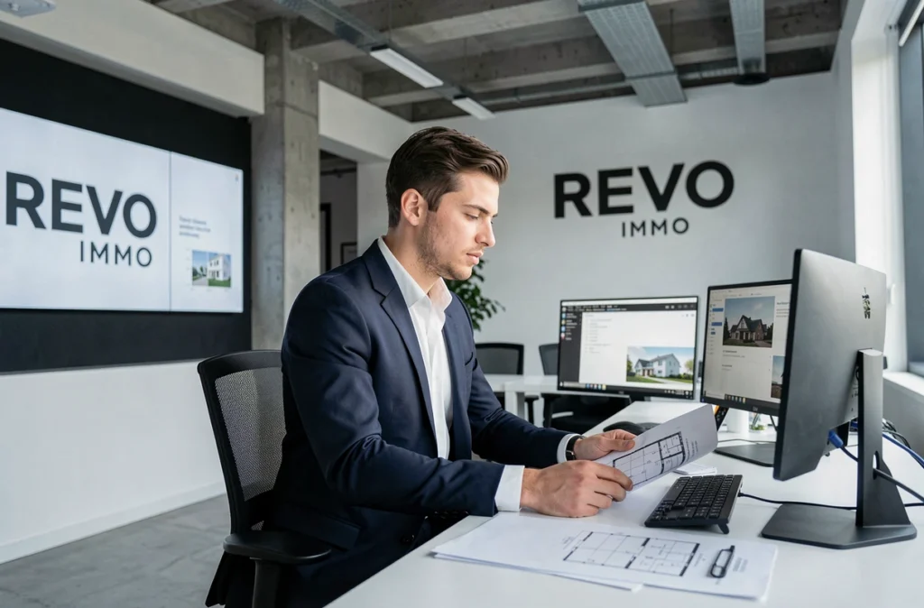 Agent de REVO IMMO dans un bureau moderne et épuré, illustrant l'approche contemporaine de l'agence immobilière